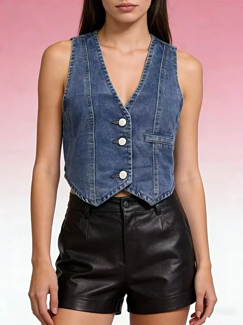Stijlvol denim vest met knoopsluiting - 85% katoen, normale dikte, machinewasbaar