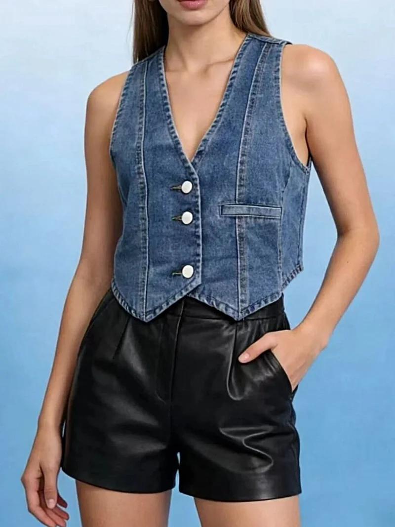 Stijlvol denim vest met knoopsluiting - 85% katoen, normale dikte, machinewasbaar