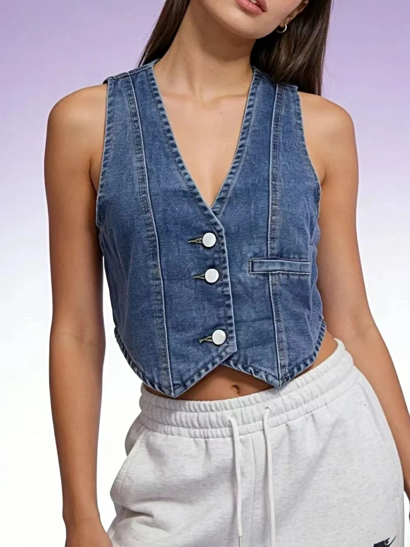 Stijlvol denim vest met knoopsluiting - 85% katoen, normale dikte, machinewasbaar