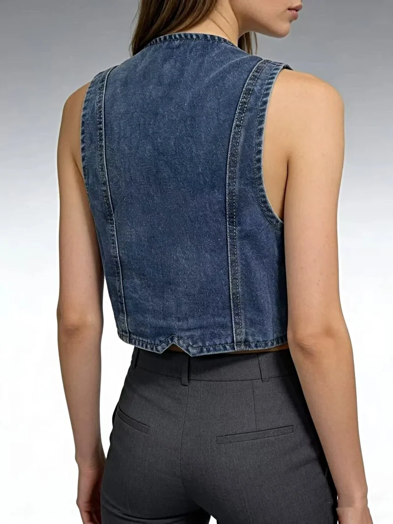 Stijlvol denim vest met knoopsluiting - 85% katoen, normale dikte, machinewasbaar