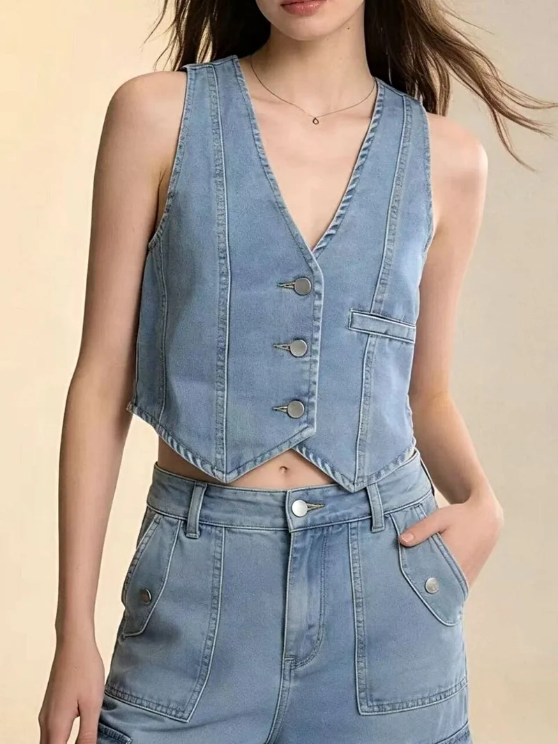 Stijlvol denim vest met knoopsluiting - 85% katoen, normale dikte, machinewasbaar