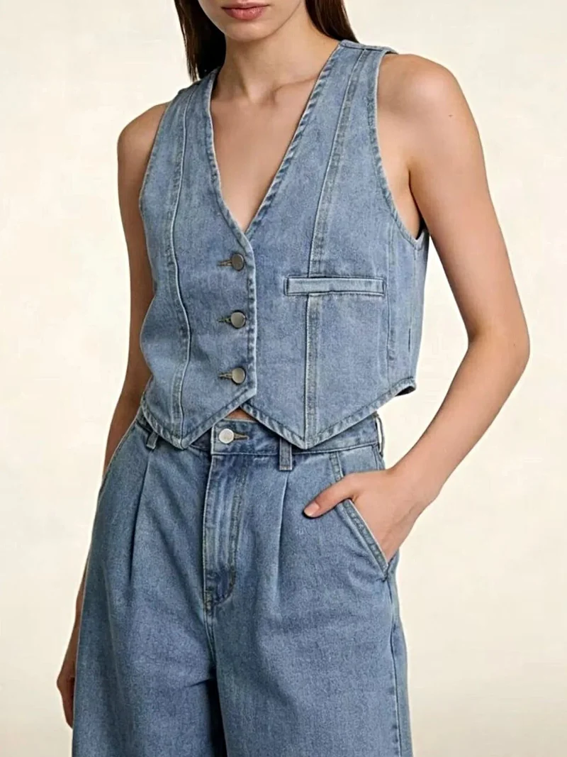 Stijlvol denim vest met knoopsluiting - 85% katoen, normale dikte, machinewasbaar