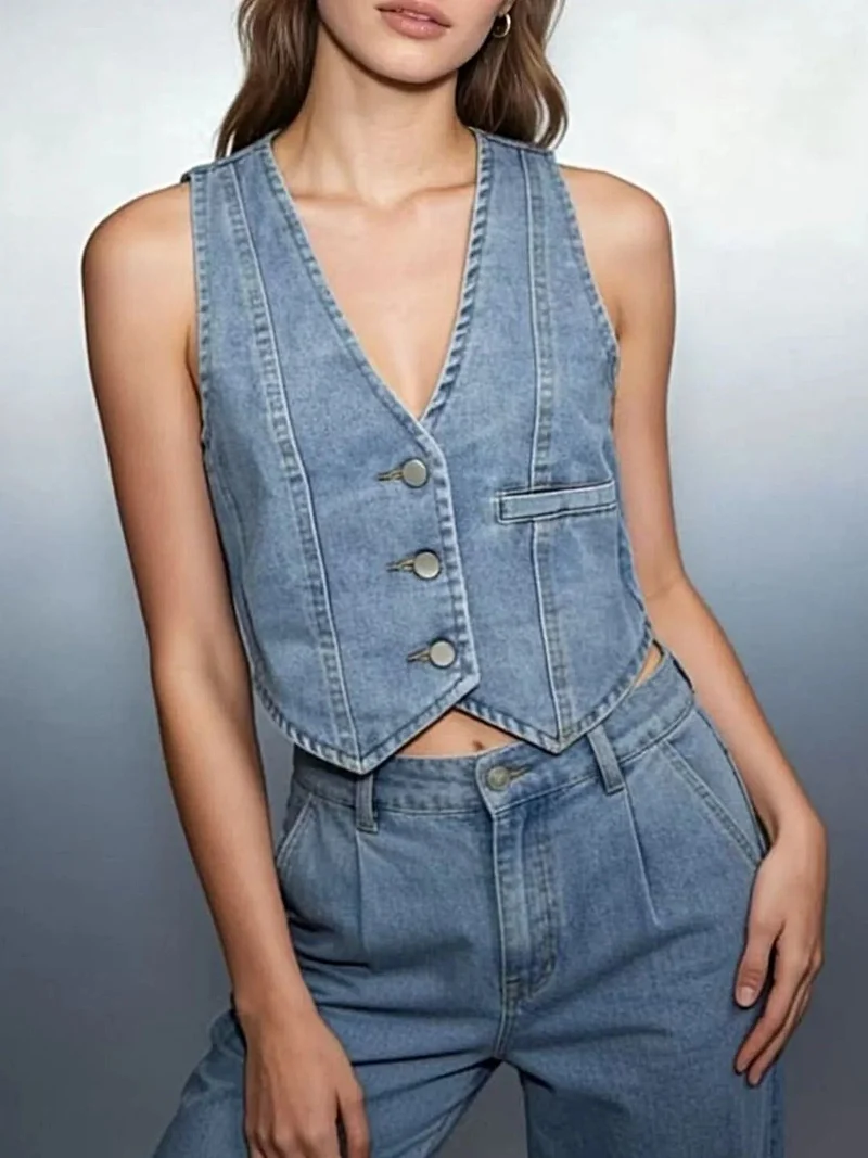 Stijlvol denim vest met knoopsluiting - 85% katoen, normale dikte, machinewasbaar