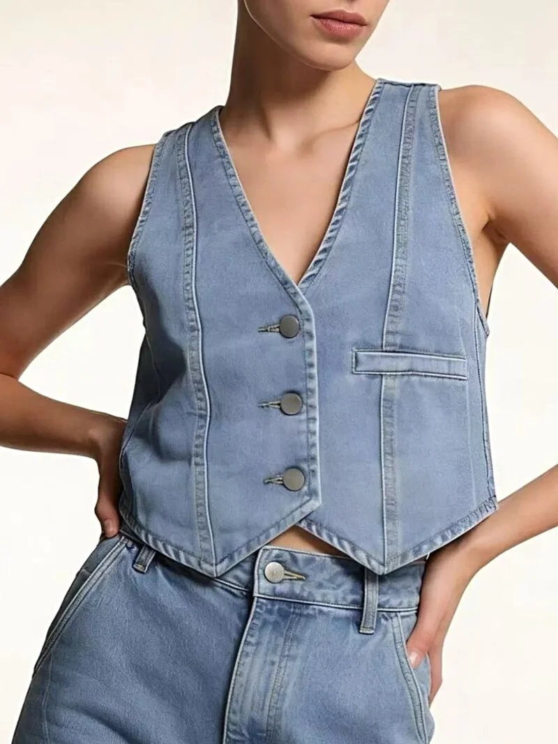 Stijlvol denim vest met knoopsluiting - 85% katoen, normale dikte, machinewasbaar