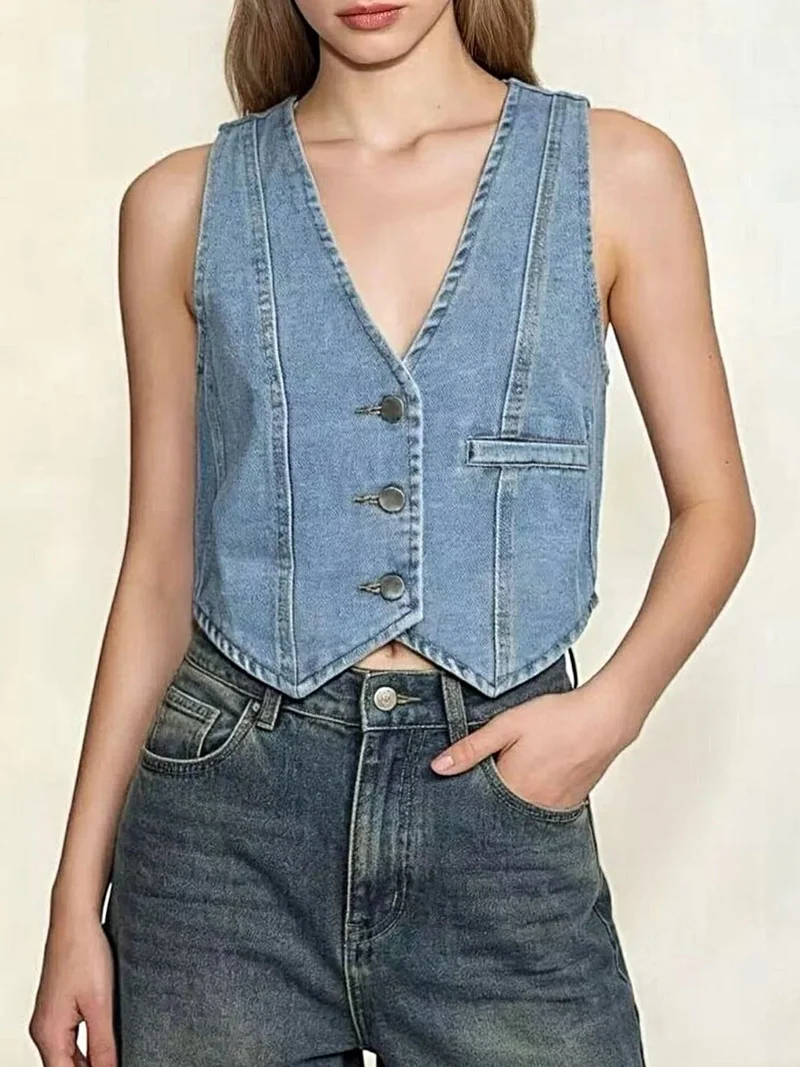 Stijlvol denim vest met knoopsluiting - 85% katoen, normale dikte, machinewasbaar