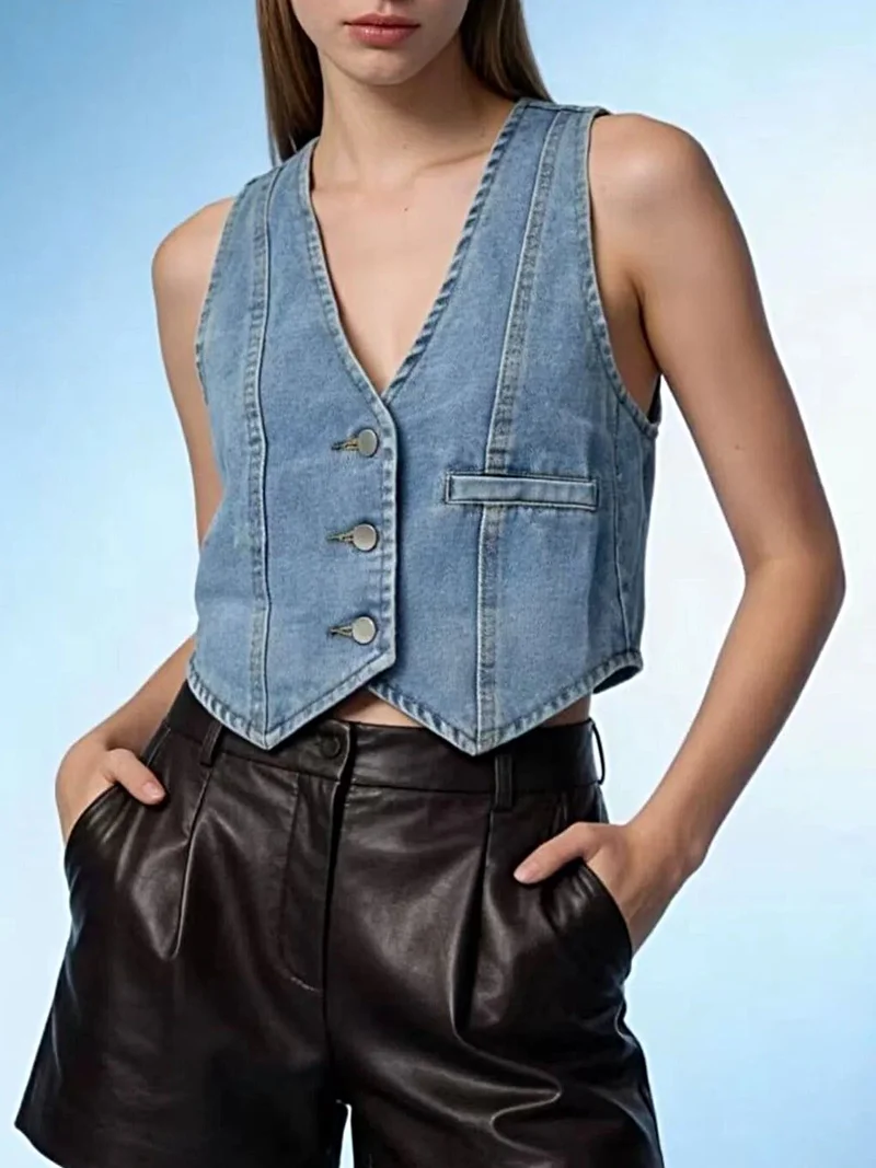 Stijlvol denim vest met knoopsluiting - 85% katoen, normale dikte, machinewasbaar
