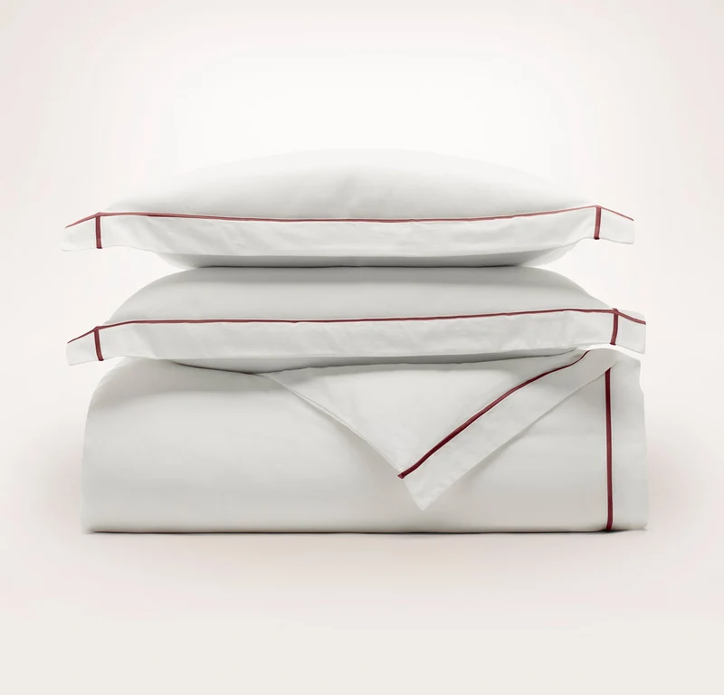 Signature Hemmed Duvet Set - White/Cranberry Embroidered