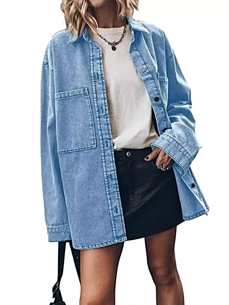 Stijlvol oversized denim overhemd met zak, klassiek ontwerp met knoopsluiting, 100% polyester