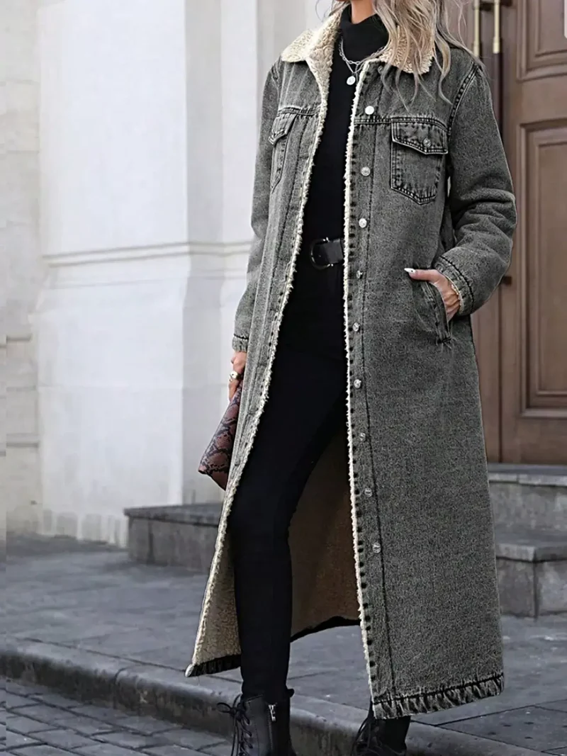 Luxe lange denimjas met sherpa-voering en zakken - 85% katoen, perfect voor koude dagen.