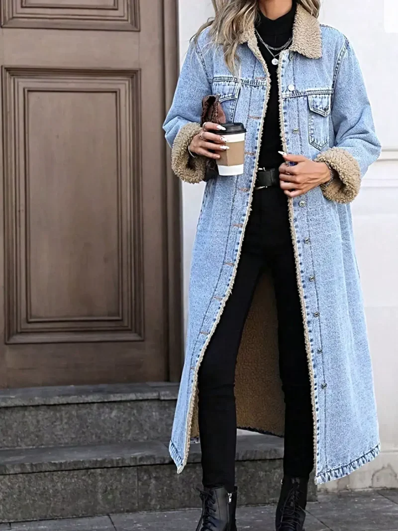 Luxe lange denimjas met sherpa-voering en zakken - 85% katoen, perfect voor koude dagen.