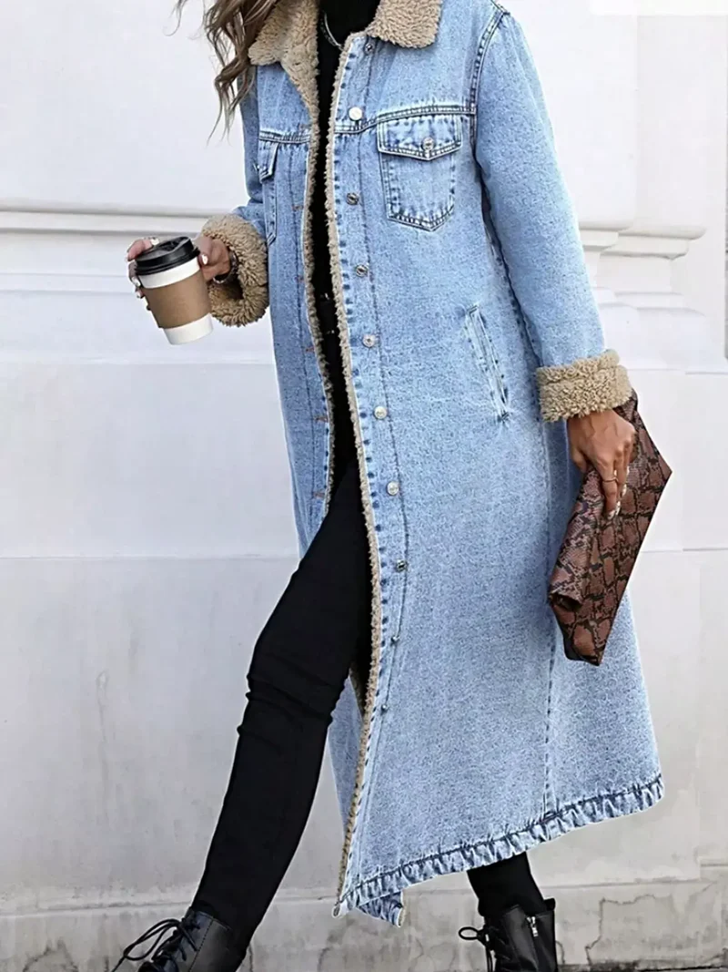 Luxe lange denimjas met sherpa-voering en zakken - 85% katoen, perfect voor koude dagen.