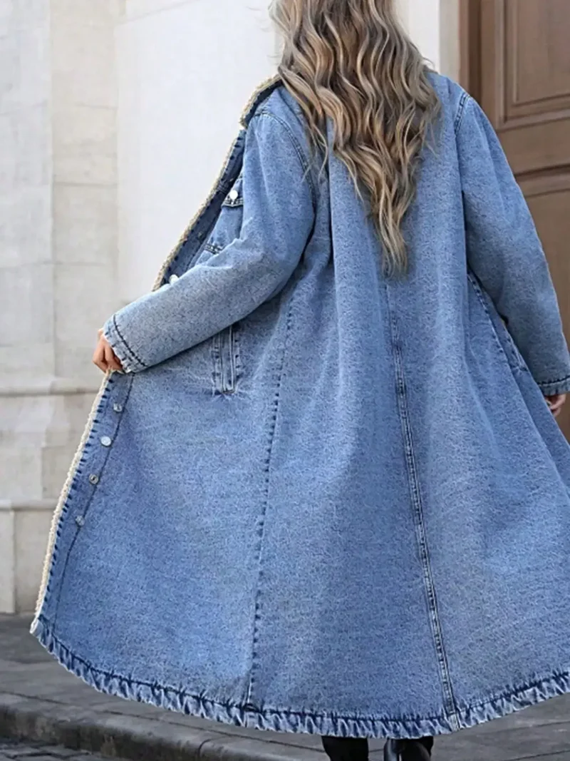 Luxe lange denimjas met sherpa-voering en zakken - 85% katoen, perfect voor koude dagen.