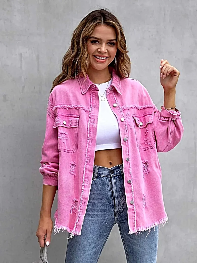 Jas met franjes en een verwassen look, verlaagde schouders - Vintage-geïnspireerd met een comfortabele pasvorm, 65% katoen