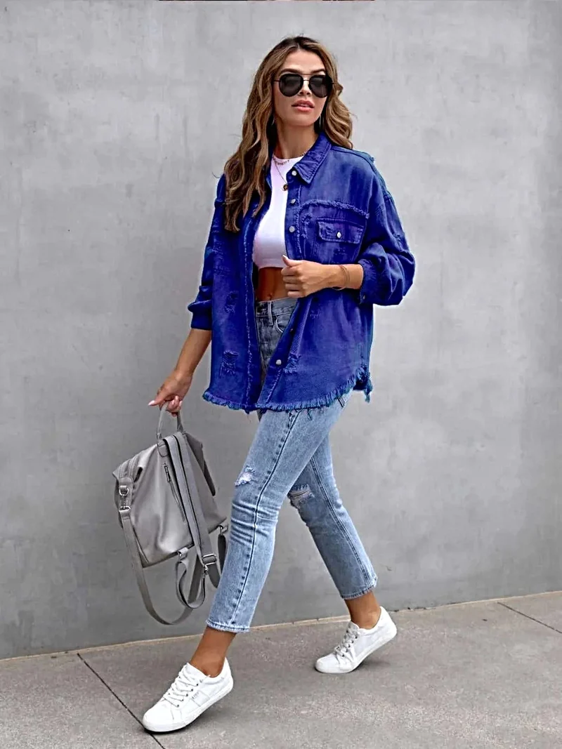 Jas met franjes en een verwassen look, verlaagde schouders - Vintage-geïnspireerd met een comfortabele pasvorm, 65% katoen