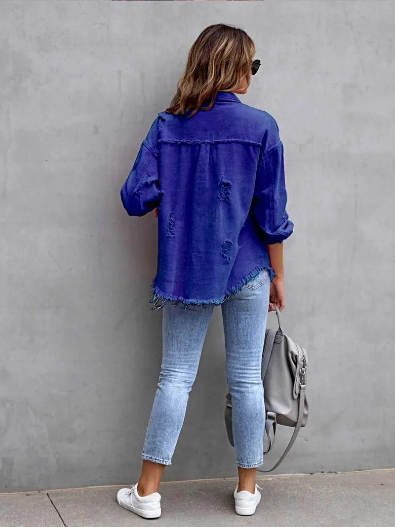 Jas met franjes en een verwassen look, verlaagde schouders - Vintage-geïnspireerd met een comfortabele pasvorm, 65% katoen