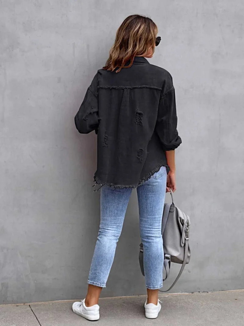 Jas met franjes en een verwassen look, verlaagde schouders - Vintage-geïnspireerd met een comfortabele pasvorm, 65% katoen