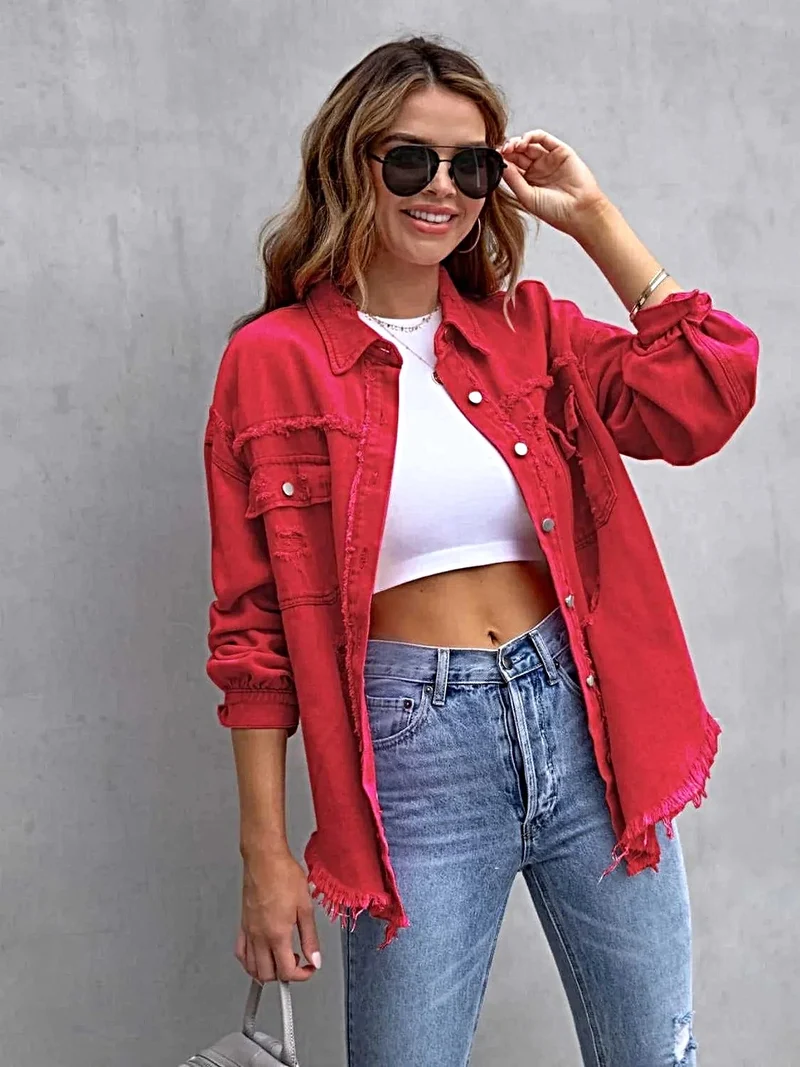 Jas met franjes en een verwassen look, verlaagde schouders - Vintage-geïnspireerd met een comfortabele pasvorm, 65% katoen