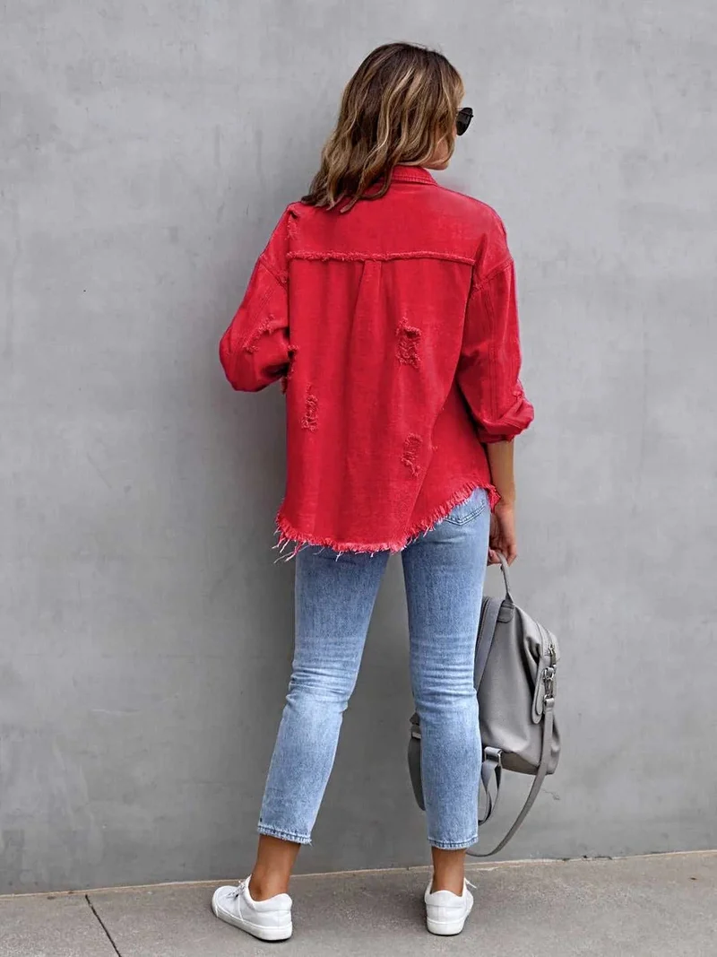 Jas met franjes en een verwassen look, verlaagde schouders - Vintage-geïnspireerd met een comfortabele pasvorm, 65% katoen