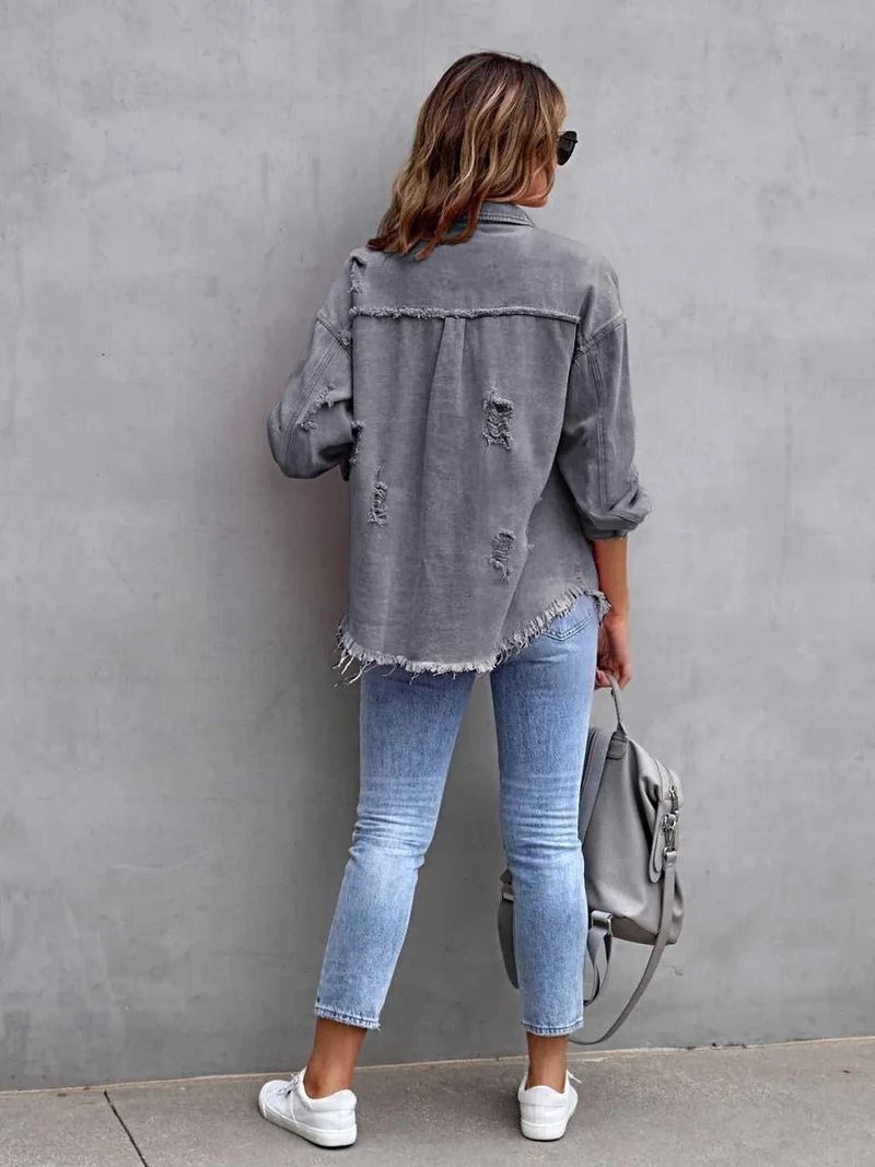 Jas met franjes en een verwassen look, verlaagde schouders - Vintage-geïnspireerd met een comfortabele pasvorm, 65% katoen