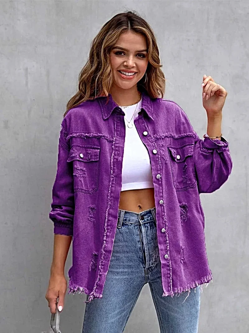 Jas met franjes en een verwassen look, verlaagde schouders - Vintage-geïnspireerd met een comfortabele pasvorm, 65% katoen