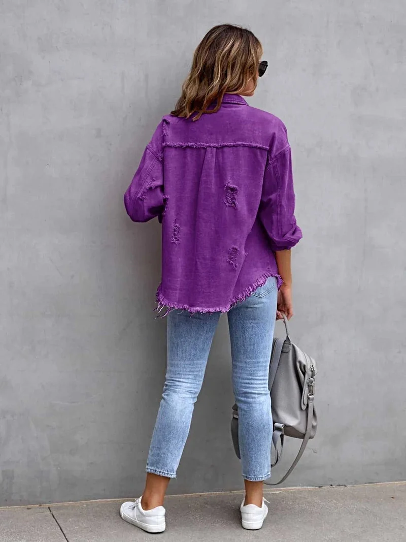Jas met franjes en een verwassen look, verlaagde schouders - Vintage-geïnspireerd met een comfortabele pasvorm, 65% katoen