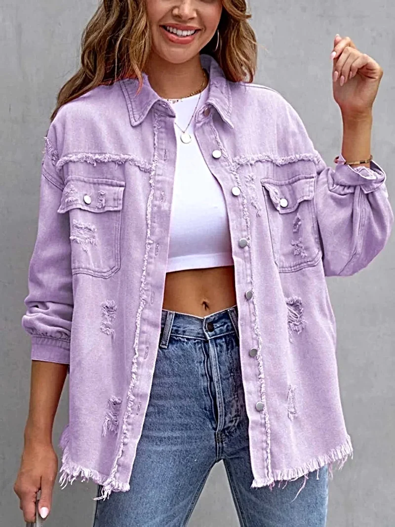 Jas met franjes en een verwassen look, verlaagde schouders - Vintage-geïnspireerd met een comfortabele pasvorm, 65% katoen