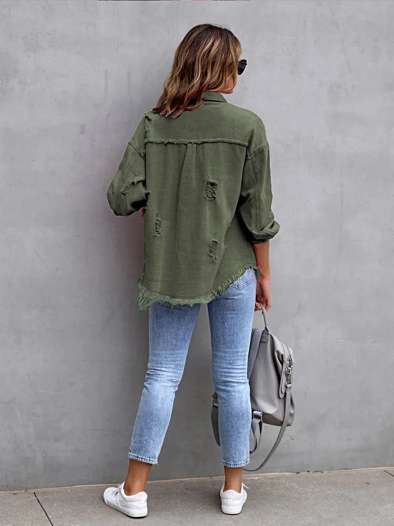 Jas met franjes en een verwassen look, verlaagde schouders - Vintage-geïnspireerd met een comfortabele pasvorm, 65% katoen