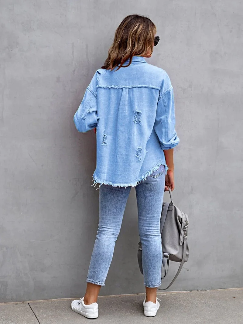 Jas met franjes en een verwassen look, verlaagde schouders - Vintage-geïnspireerd met een comfortabele pasvorm, 65% katoen