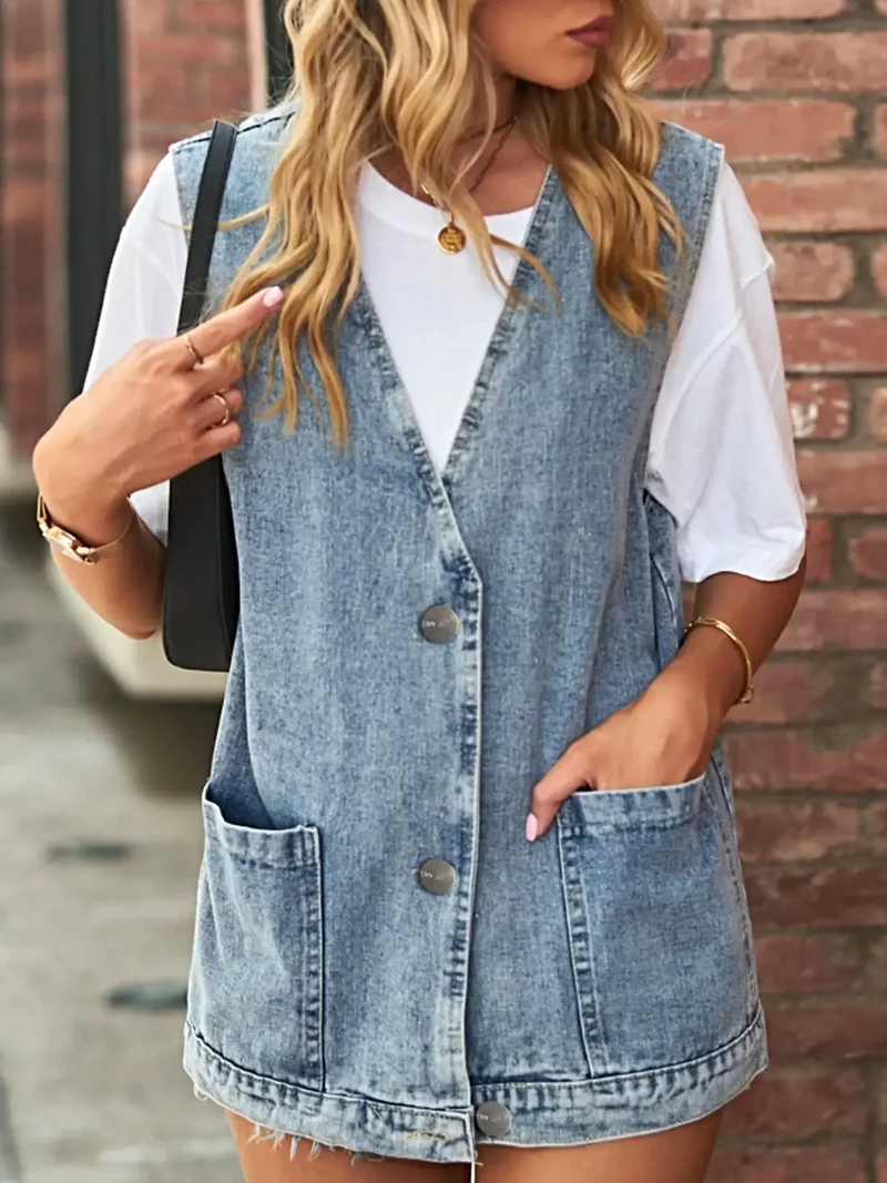 Stijlvol mouwloos denim jasje met zakken - perfecte pasvorm en tijdloos design