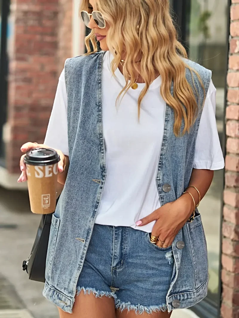 Stijlvol mouwloos denim jasje met zakken - perfecte pasvorm en tijdloos design