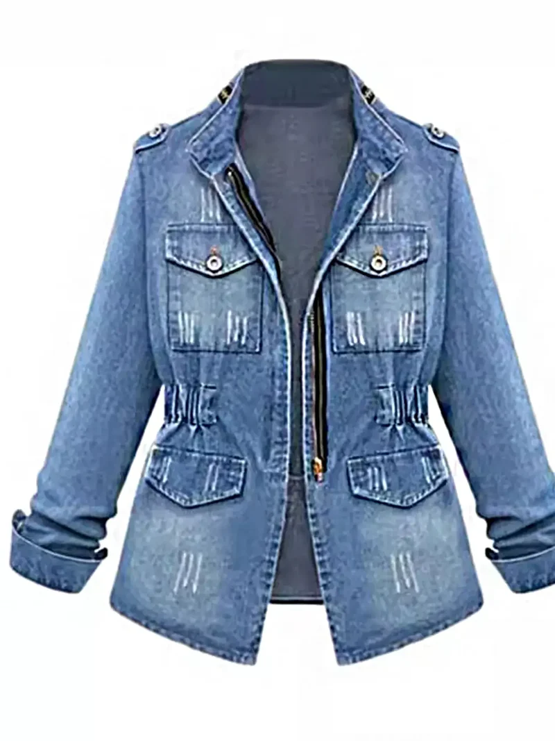 Volledig formaat spijkerjas met borstzak en ritssluiting, plus size.