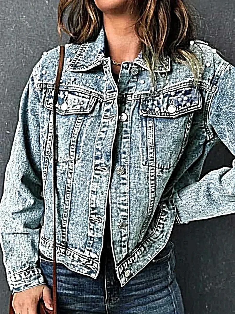Spijkerjas met pareldetails - Lange mouwen met knoopsluiting en zakken, luxe stijl