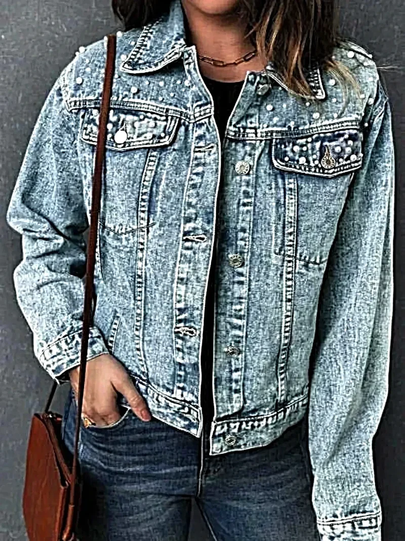 Spijkerjas met pareldetails - Lange mouwen met knoopsluiting en zakken, luxe stijl