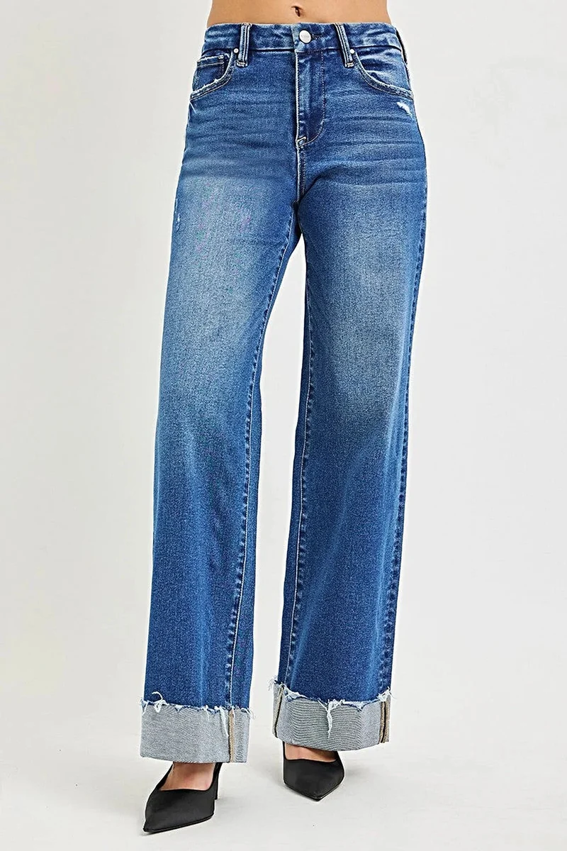 Damesjeans met omgeslagen zoom - Hoge taille, wijde pijpen, relaxte pasvorm, moeiteloze stijl
