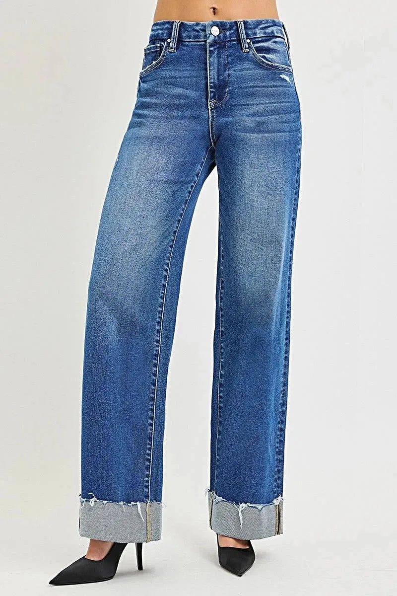 Damesjeans met omgeslagen zoom - Hoge taille, wijde pijpen, relaxte pasvorm, moeiteloze stijl