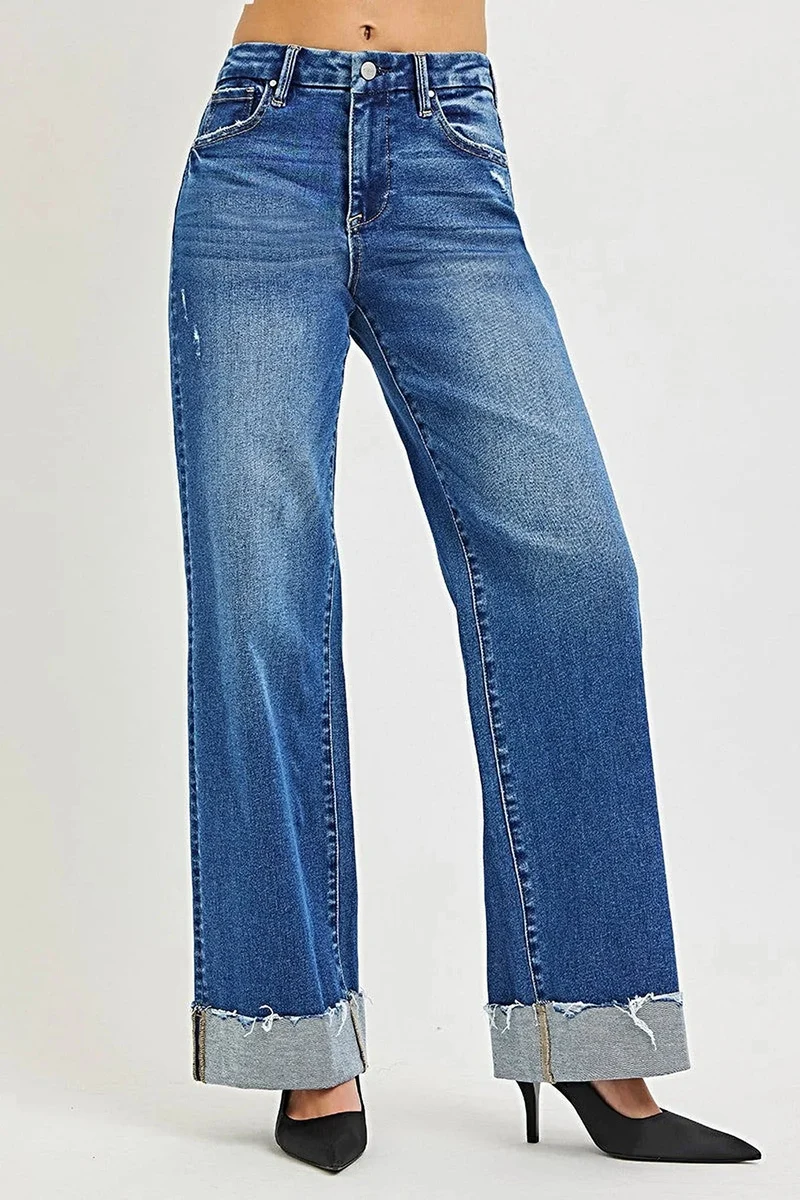 Damesjeans met omgeslagen zoom - Hoge taille, wijde pijpen, relaxte pasvorm, moeiteloze stijl