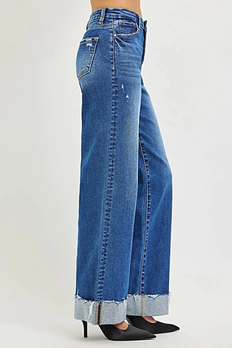 Damesjeans met omgeslagen zoom - Hoge taille, wijde pijpen, relaxte pasvorm, moeiteloze stijl