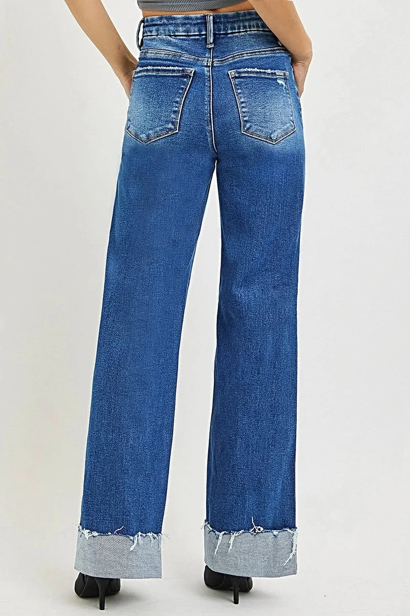 Damesjeans met omgeslagen zoom - Hoge taille, wijde pijpen, relaxte pasvorm, moeiteloze stijl