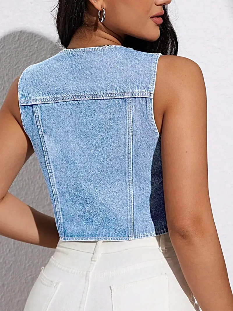 Luxe denim vest met strik aan de voorkant, trekkoord en zakken – verkrijgbaar in de maten XS tot en met L.