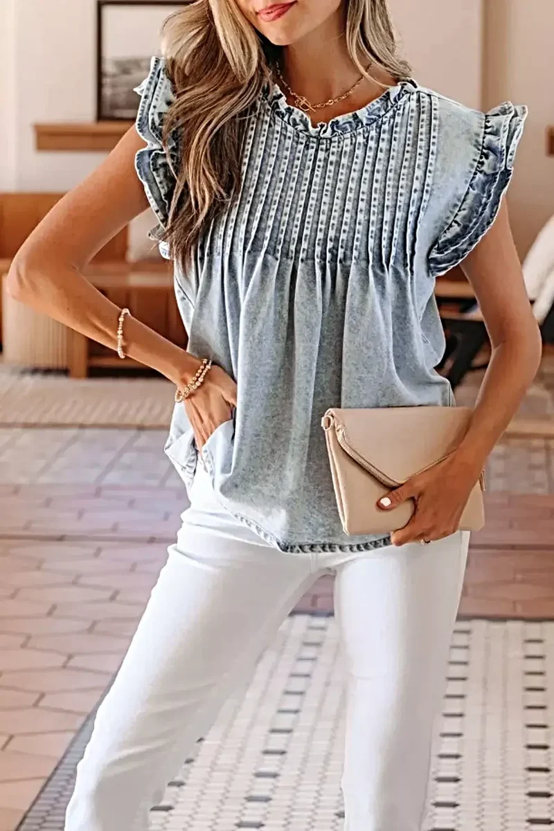 Luxe denim blouse met ruches en plooien - Vintage gewassen design met tijdloze stijl