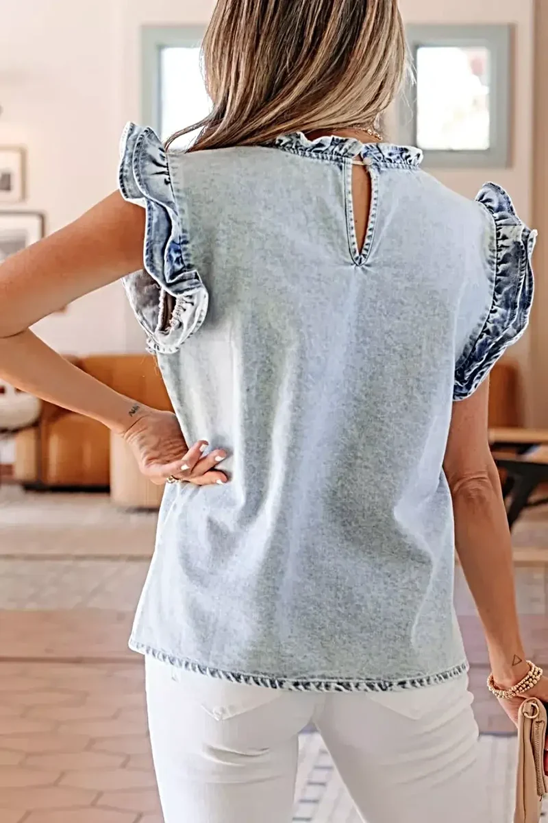 Luxe denim blouse met ruches en plooien - Vintage gewassen design met tijdloze stijl