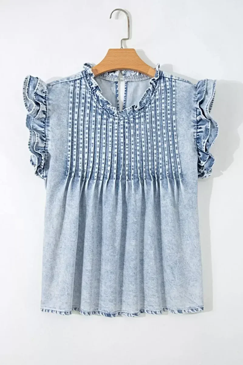 Luxe denim blouse met ruches en plooien - Vintage gewassen design met tijdloze stijl