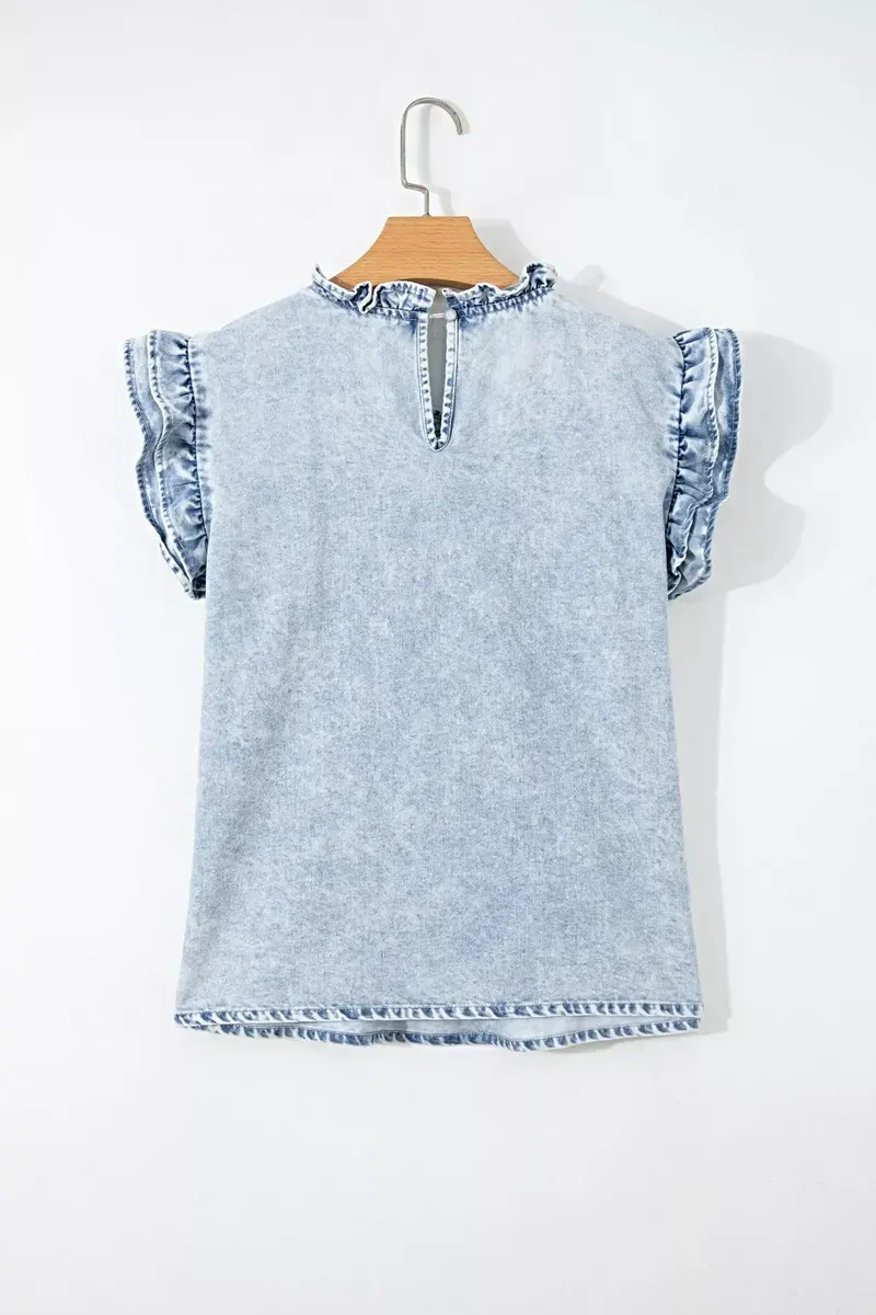 Luxe denim blouse met ruches en plooien - Vintage gewassen design met tijdloze stijl