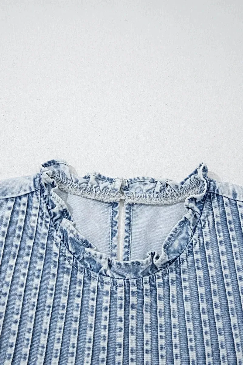 Luxe denim blouse met ruches en plooien - Vintage gewassen design met tijdloze stijl