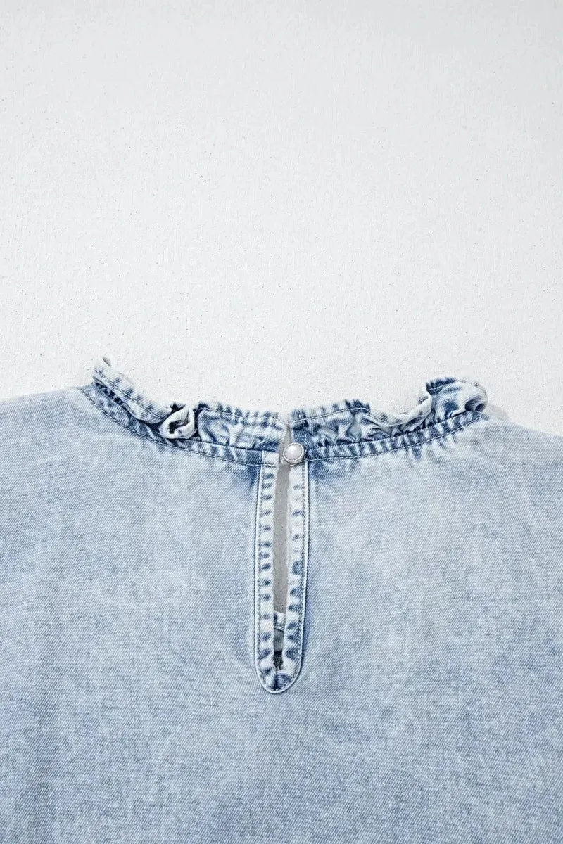 Luxe denim blouse met ruches en plooien - Vintage gewassen design met tijdloze stijl