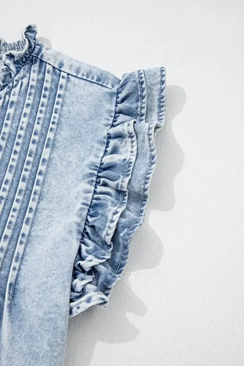 Luxe denim blouse met ruches en plooien - Vintage gewassen design met tijdloze stijl