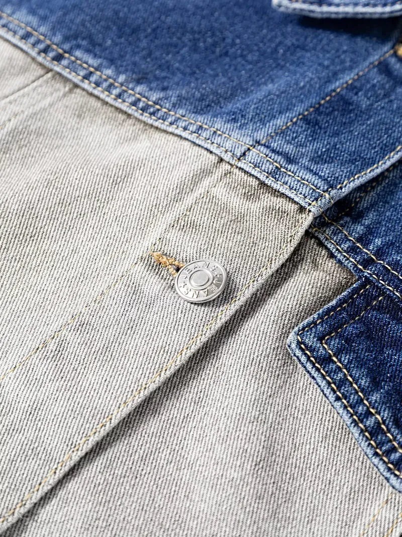 Stijlvol denim jack met kleurblokken, rafelige zoom, knoopsluiting en zakken.