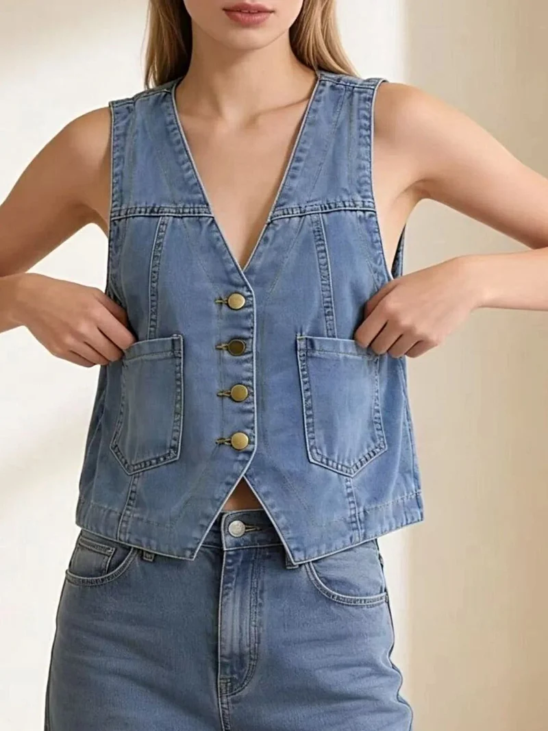 Elegant denim vest met knoopsluiting en zakken voor dames in grote maten - gemaakt van een katoenmix.