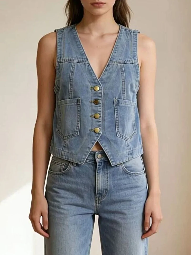 Elegant denim vest met knoopsluiting en zakken voor dames in grote maten - gemaakt van een katoenmix.