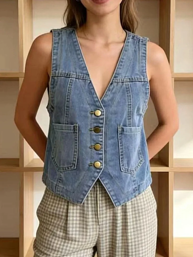 Elegant denim vest met knoopsluiting en zakken voor dames in grote maten - gemaakt van een katoenmix.